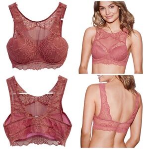 VS Pink - Floral Mesh Stretch Lace High Neck Wired Bralette | Begonia Pink, S